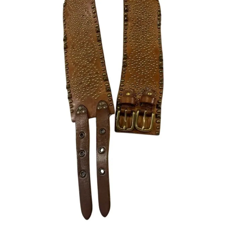 Jigsaw-VTG Genuine Brown Leather Belt with Bronze Studs/Brass Buckle